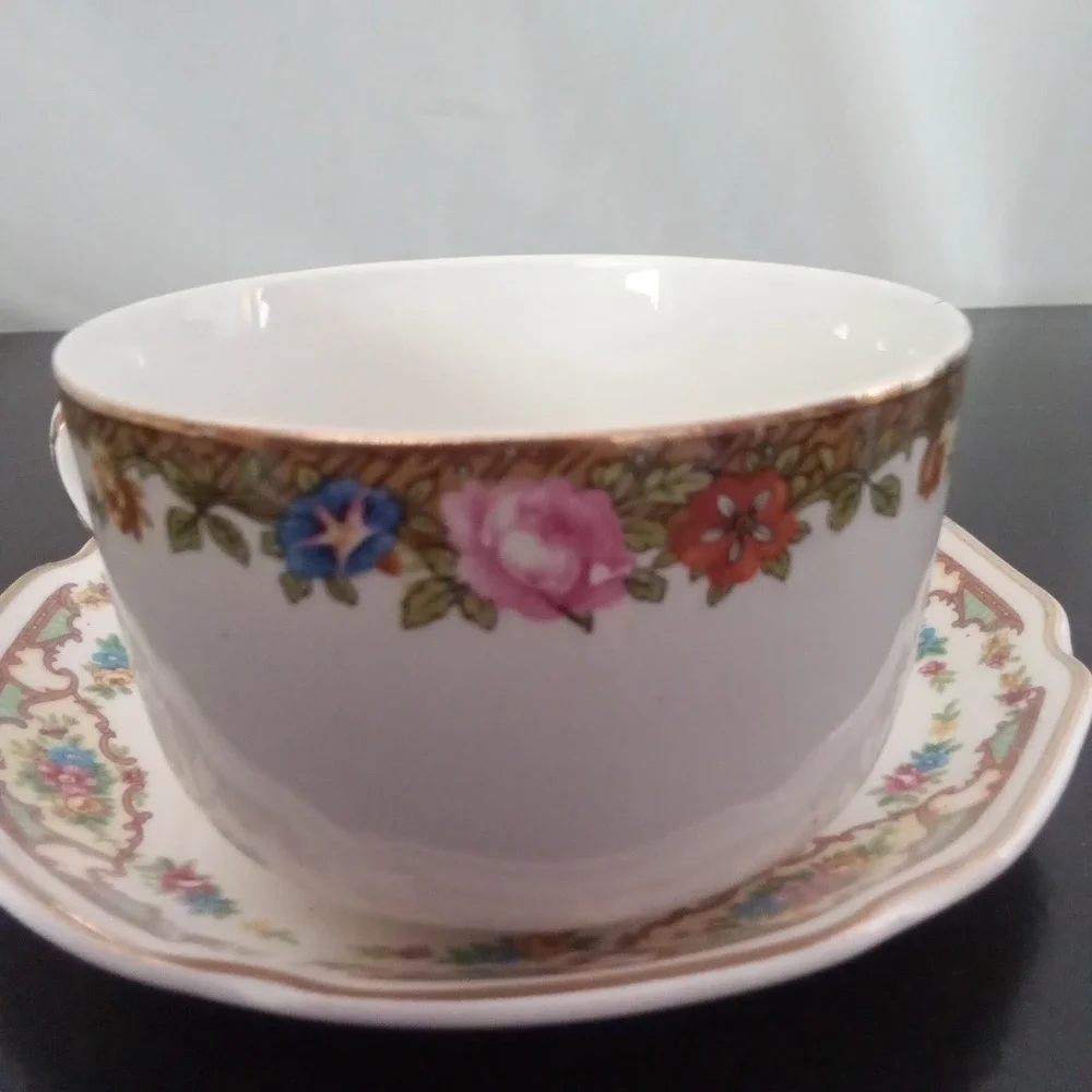 Vintage Floral Porcelain Teacup and Saucer Set Gold Rim Scalloped Edge White